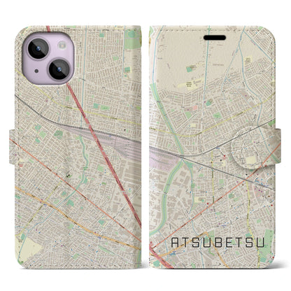 【厚別（北海道）】地図柄iPhoneケース（手帳タイプ）ナチュラル・iPhone 14 用