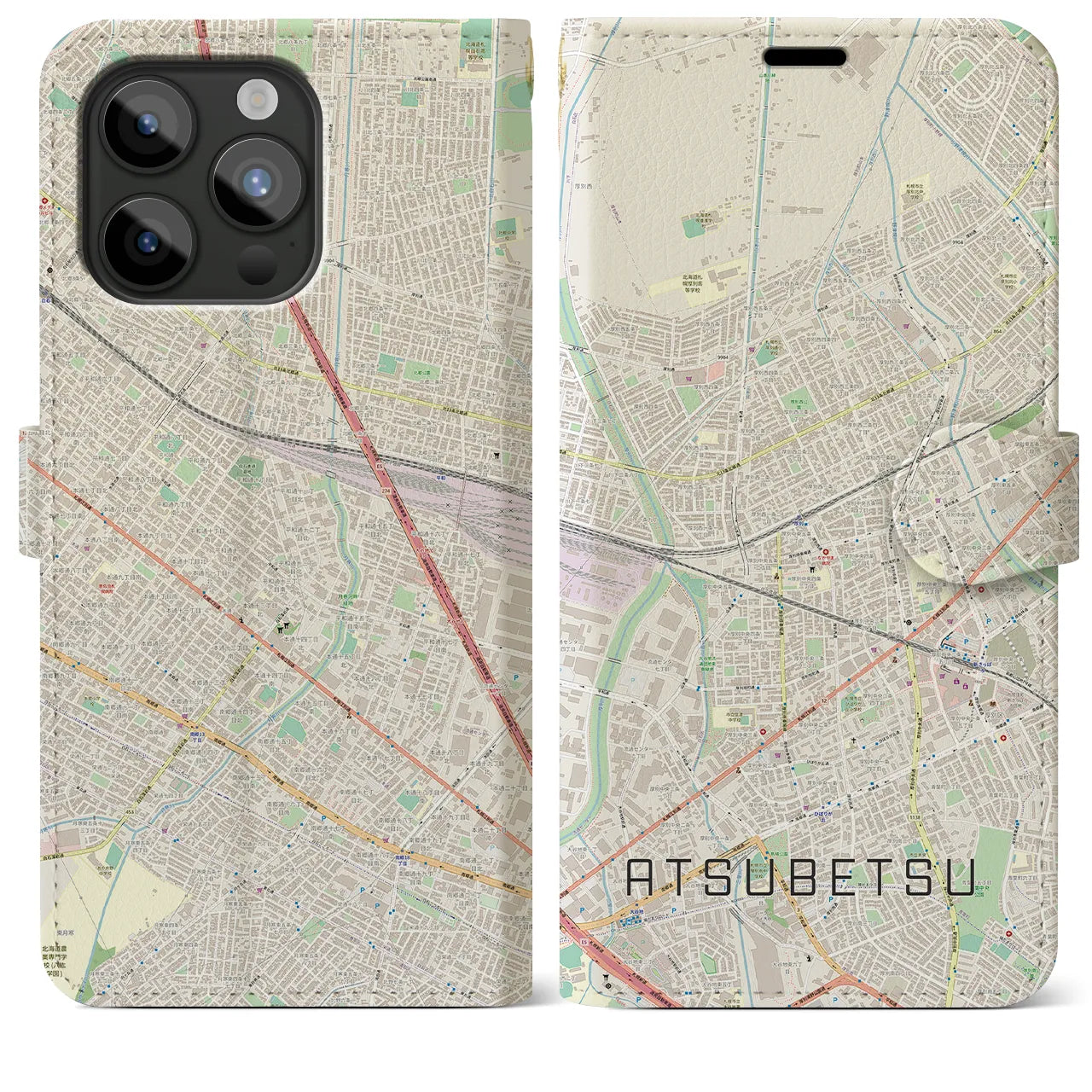 【厚別】地図柄iPhoneケース（手帳両面タイプ・ナチュラル）iPhone 15 Pro Max 用