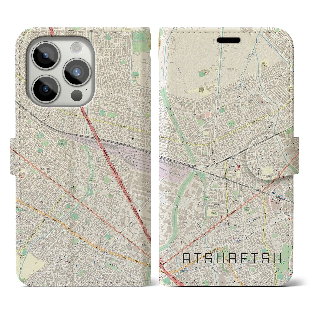 【厚別】地図柄iPhoneケース（手帳両面タイプ・ナチュラル）iPhone 15 Pro 用