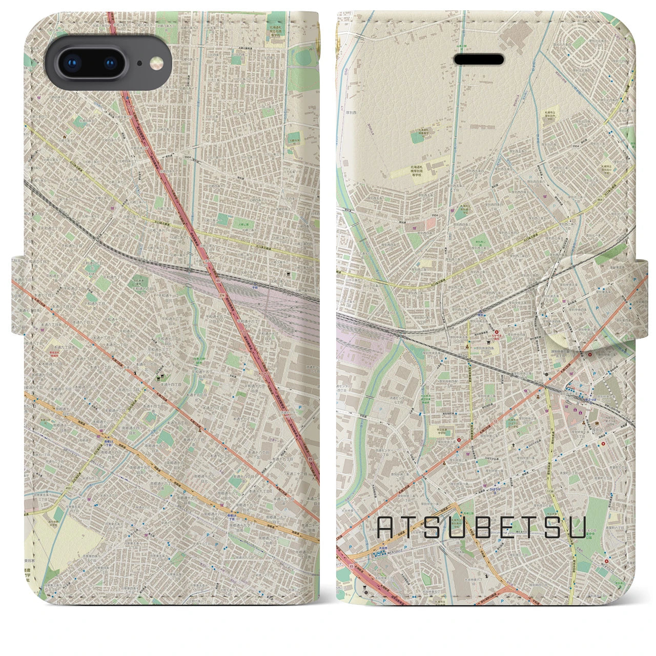 【厚別】地図柄iPhoneケース（手帳両面タイプ・ナチュラル）iPhone 8Plus /7Plus / 6sPlus / 6Plus 用