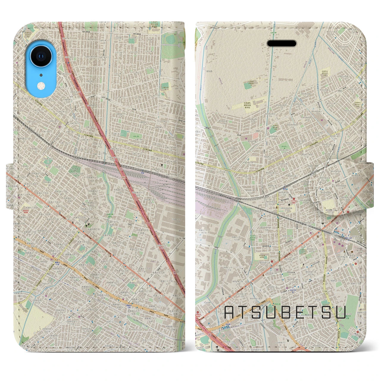 【厚別】地図柄iPhoneケース（手帳両面タイプ・ナチュラル）iPhone XR 用