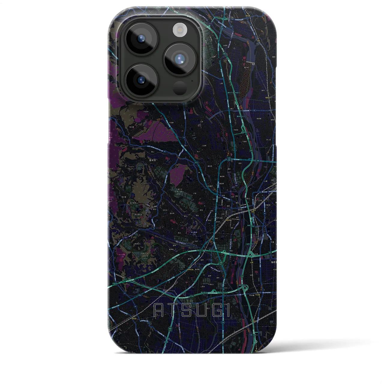 【厚木】地図柄iPhoneケース（バックカバータイプ・ブラック）iPhone 15 Pro Max 用