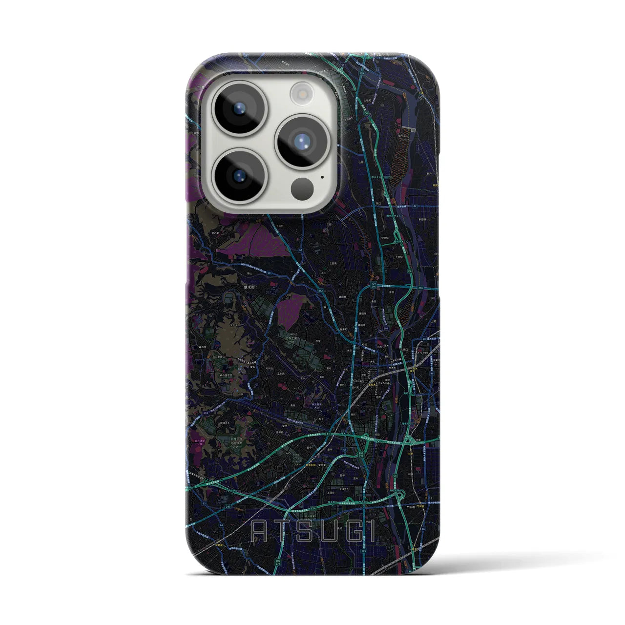 【厚木】地図柄iPhoneケース（バックカバータイプ・ブラック）iPhone 15 Pro 用