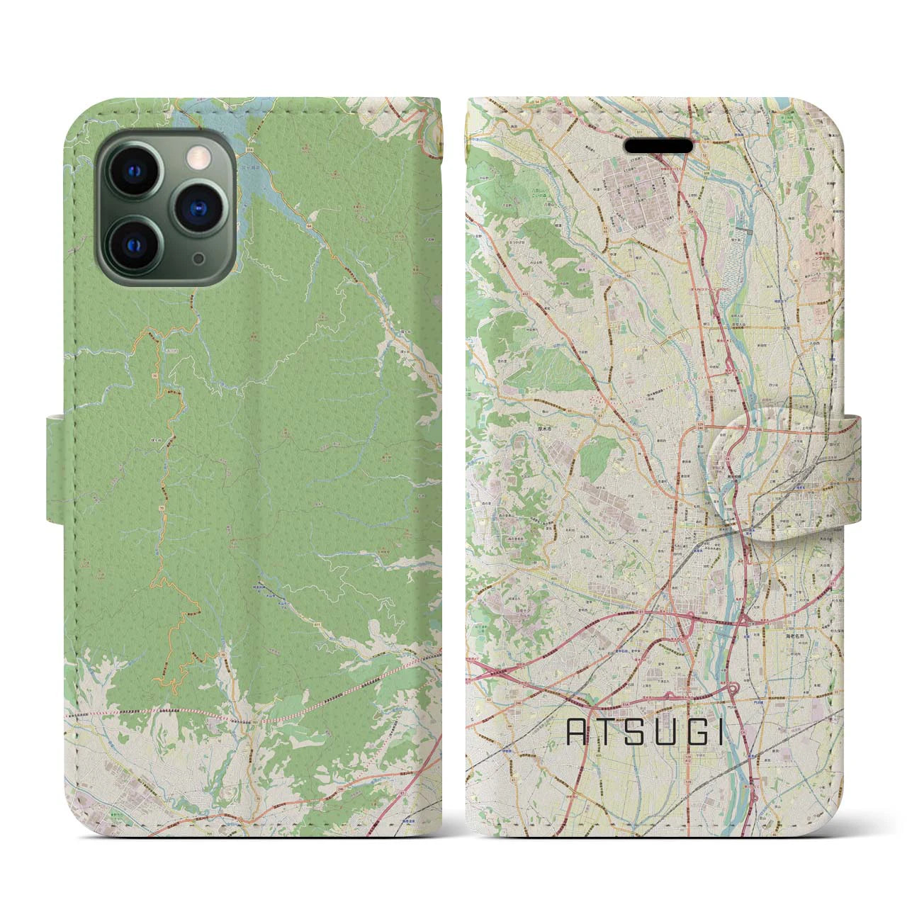 【厚木】地図柄iPhoneケース（手帳両面タイプ・ナチュラル）iPhone 11 Pro 用
