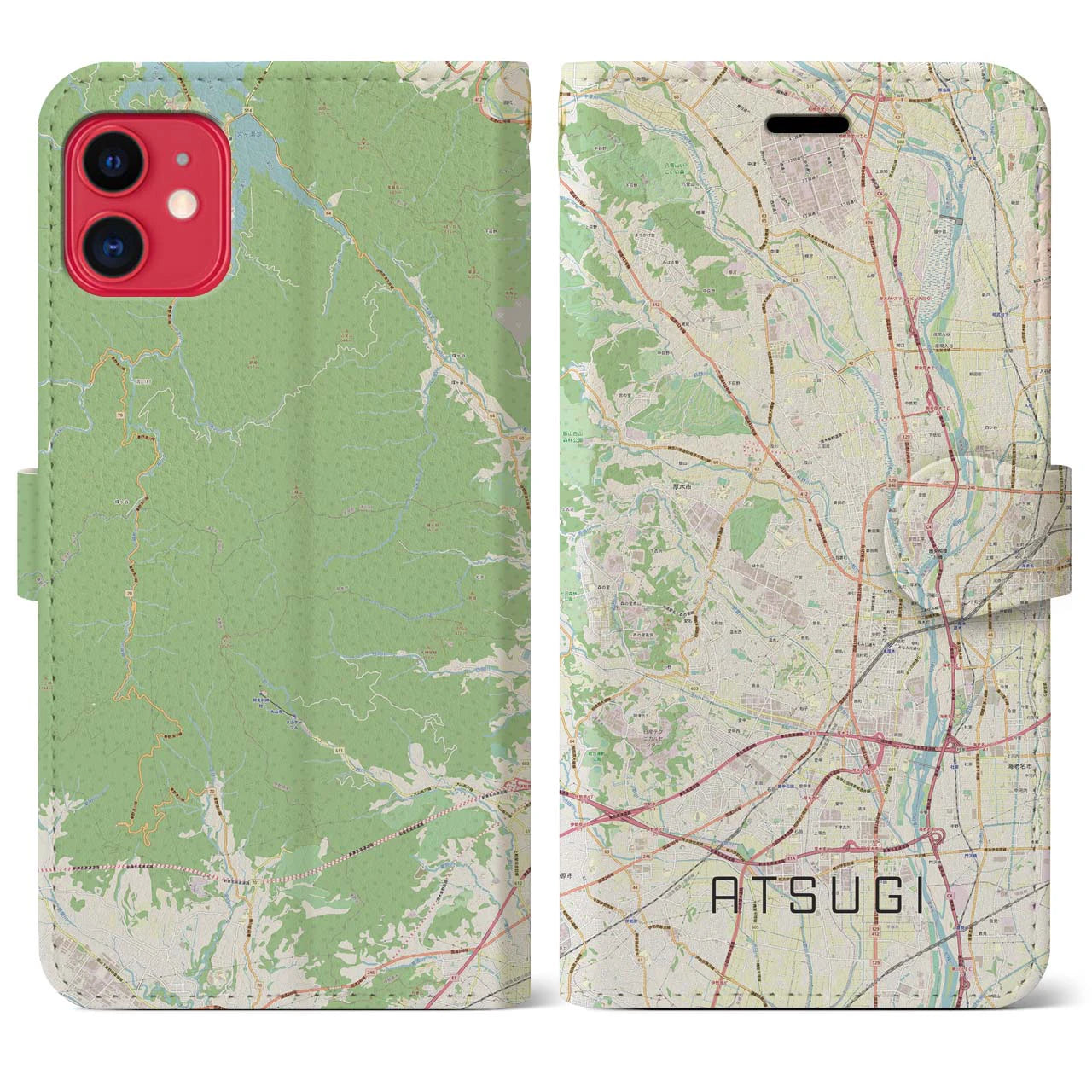 【厚木】地図柄iPhoneケース（手帳両面タイプ・ナチュラル）iPhone 11 用