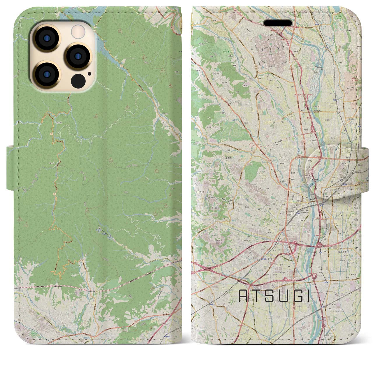 【厚木】地図柄iPhoneケース（手帳両面タイプ・ナチュラル）iPhone 12 Pro Max 用