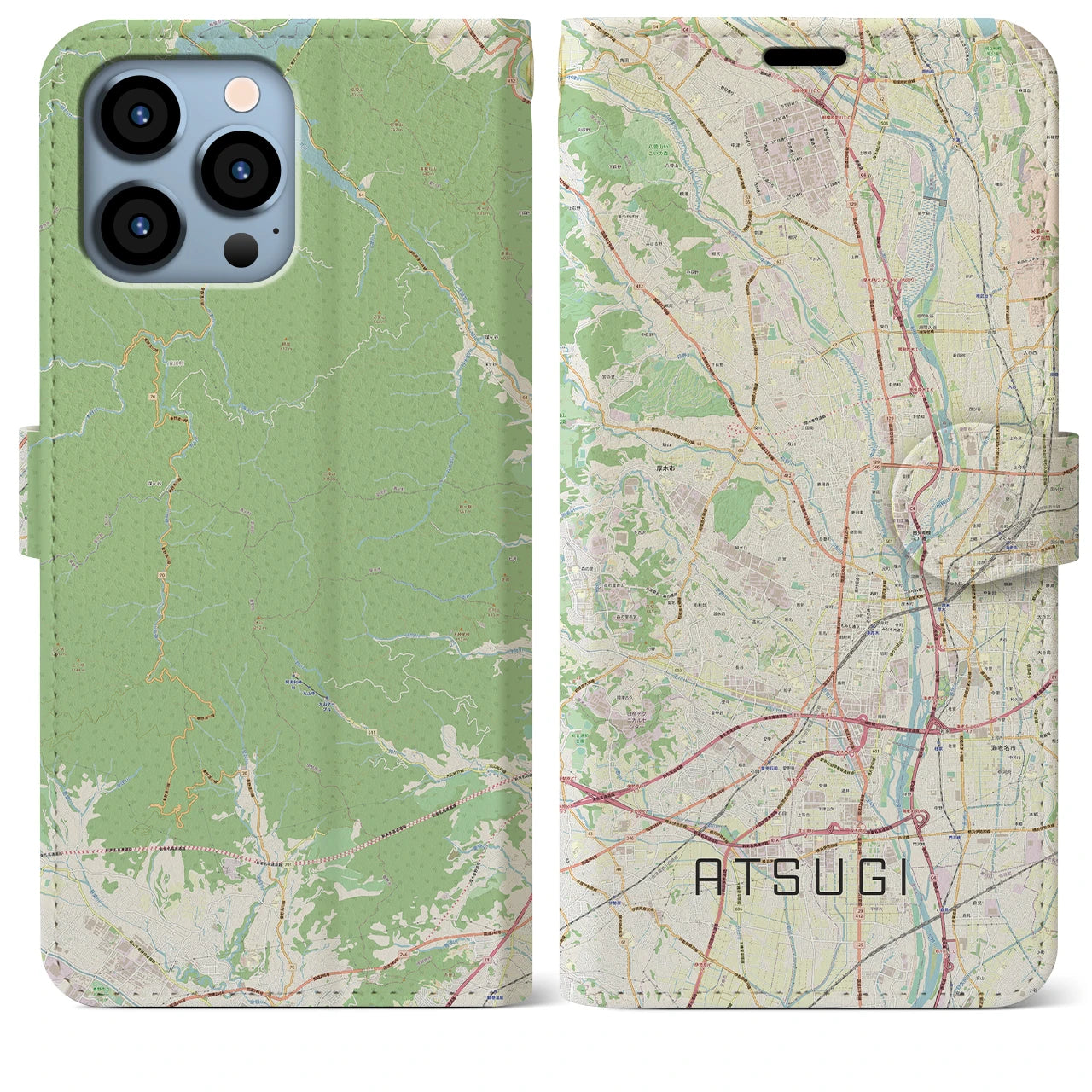 【厚木】地図柄iPhoneケース（手帳両面タイプ・ナチュラル）iPhone 13 Pro Max 用