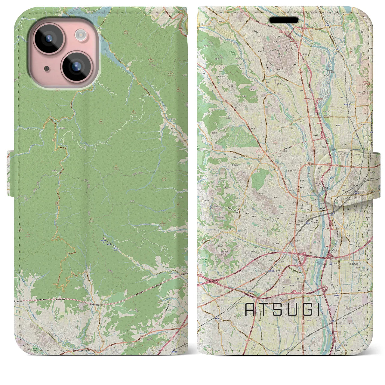 【厚木】地図柄iPhoneケース（手帳両面タイプ・ナチュラル）iPhone 15 Plus 用