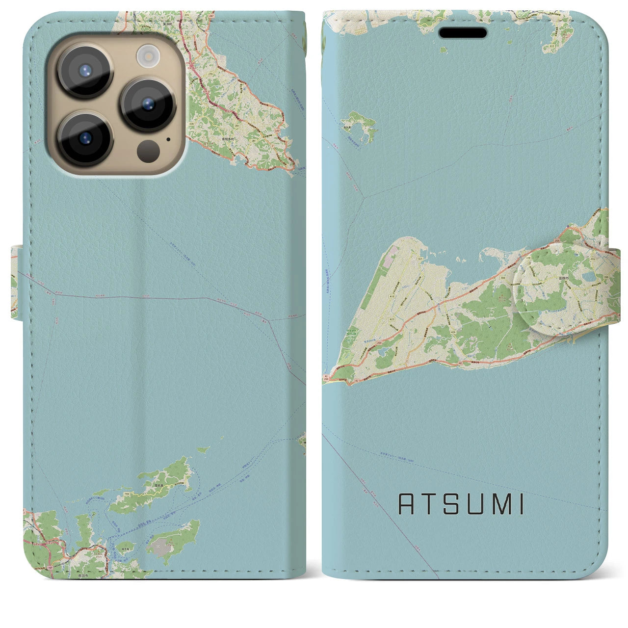 【渥美】地図柄iPhoneケース（手帳両面タイプ・ナチュラル）iPhone 14 Pro Max 用