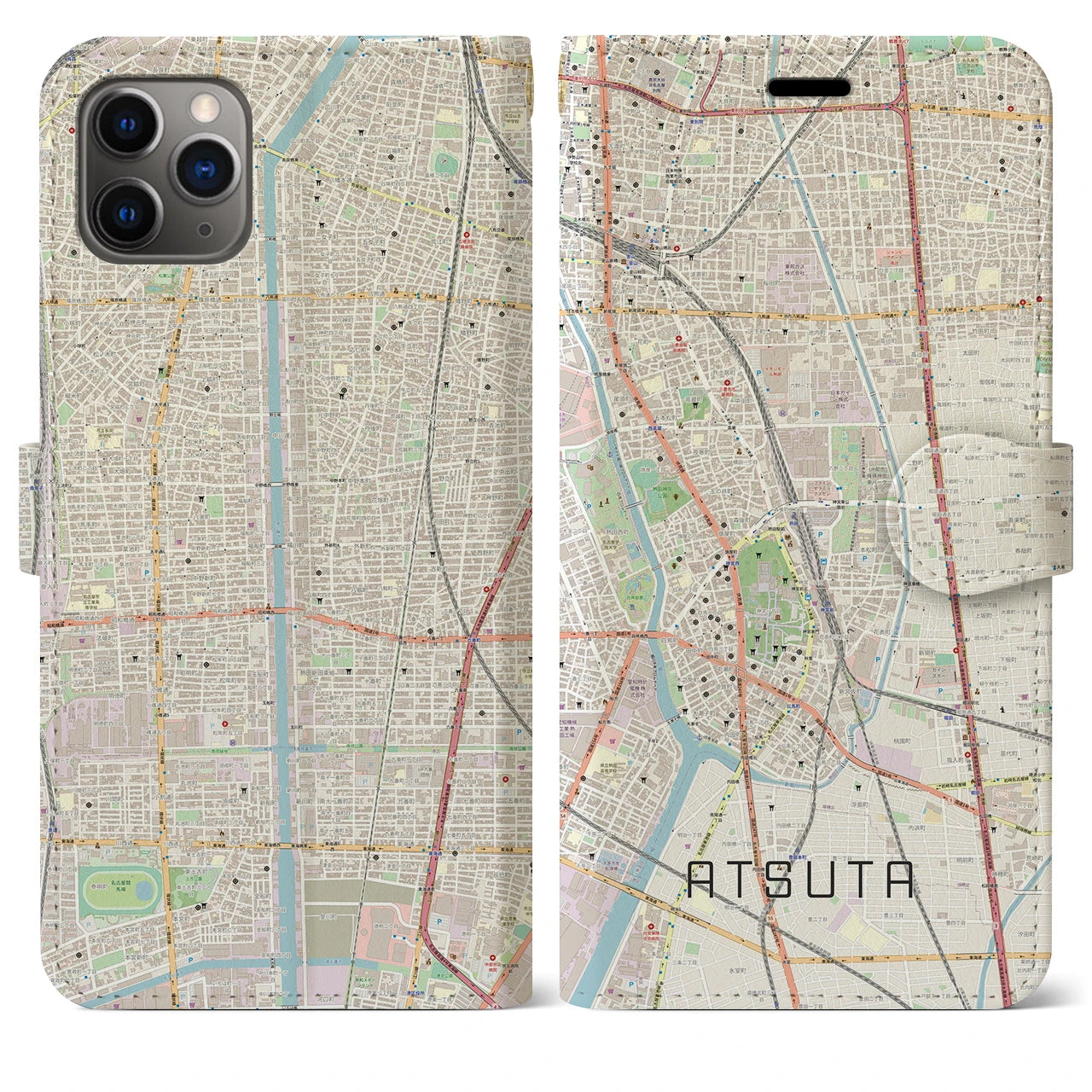 【熱田】地図柄iPhoneケース（手帳両面タイプ・ナチュラル）iPhone 11 Pro Max 用