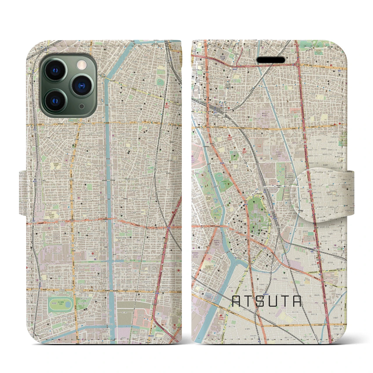 【熱田】地図柄iPhoneケース（手帳両面タイプ・ナチュラル）iPhone 11 Pro 用