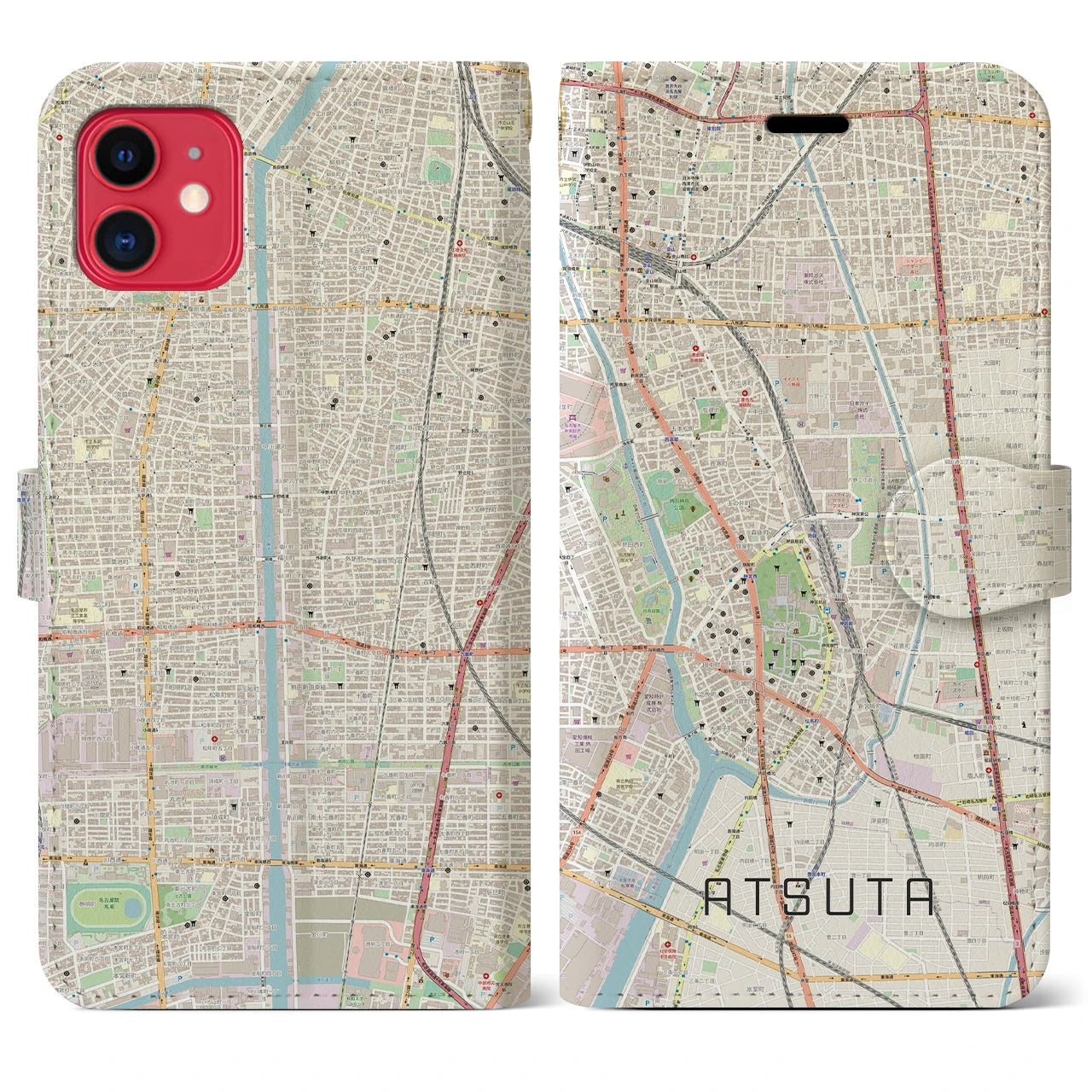 【熱田】地図柄iPhoneケース（手帳両面タイプ・ナチュラル）iPhone 11 用