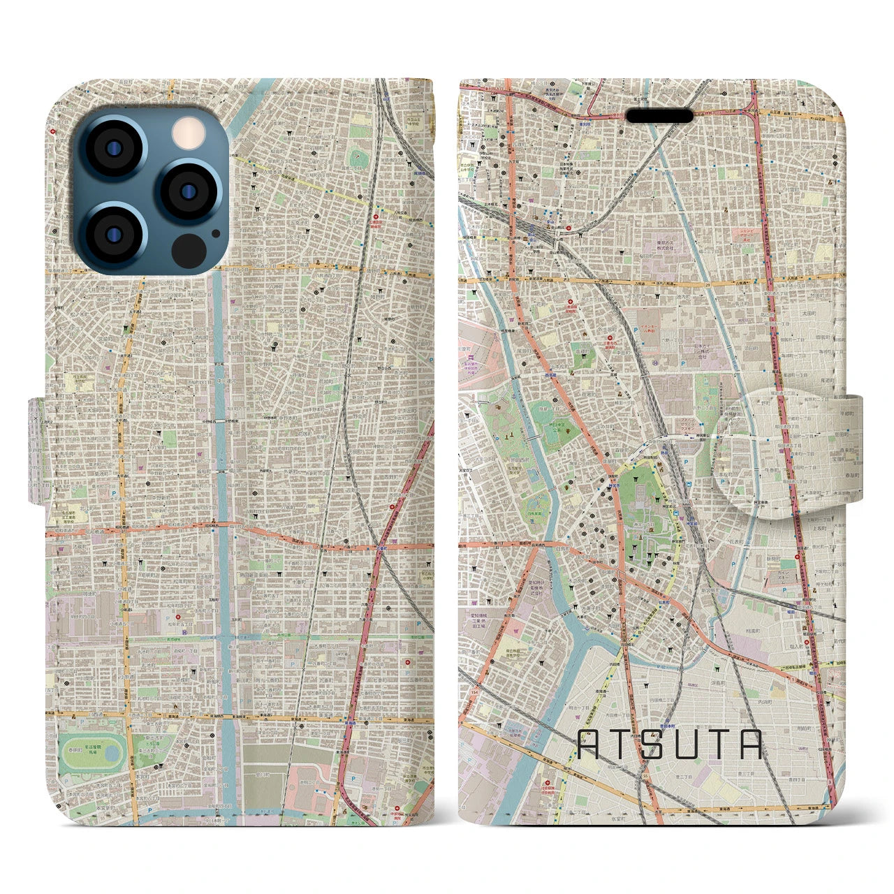 【熱田】地図柄iPhoneケース（手帳両面タイプ・ナチュラル）iPhone 12 / 12 Pro 用