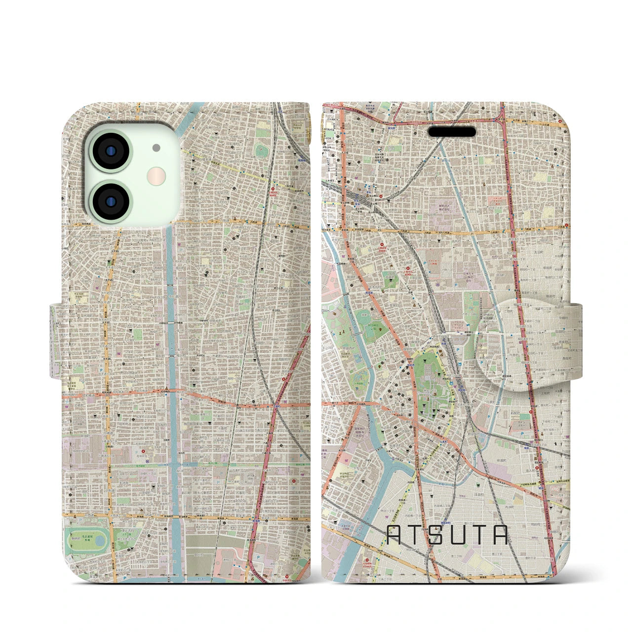 【熱田】地図柄iPhoneケース（手帳両面タイプ・ナチュラル）iPhone 12 mini 用