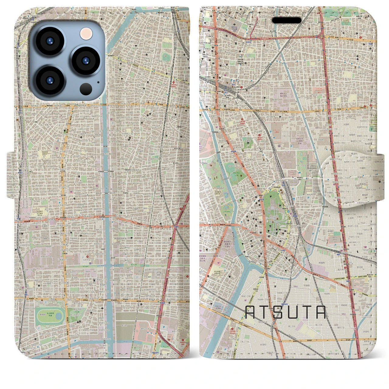 【熱田】地図柄iPhoneケース（手帳両面タイプ・ナチュラル）iPhone 13 Pro Max 用