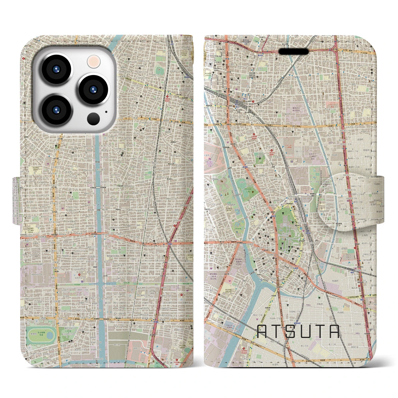 【熱田】地図柄iPhoneケース（手帳両面タイプ・ナチュラル）iPhone 13 Pro 用