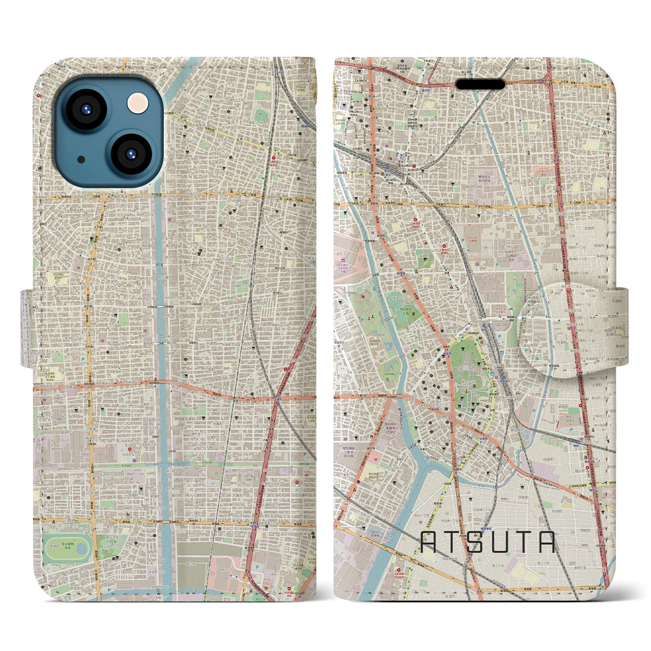 【熱田】地図柄iPhoneケース（手帳両面タイプ・ナチュラル）iPhone 13 用