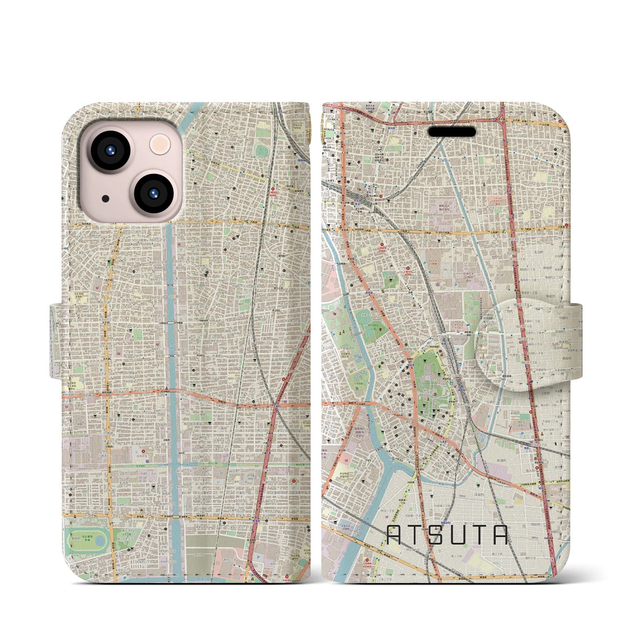 【熱田】地図柄iPhoneケース（手帳両面タイプ・ナチュラル）iPhone 13 mini 用