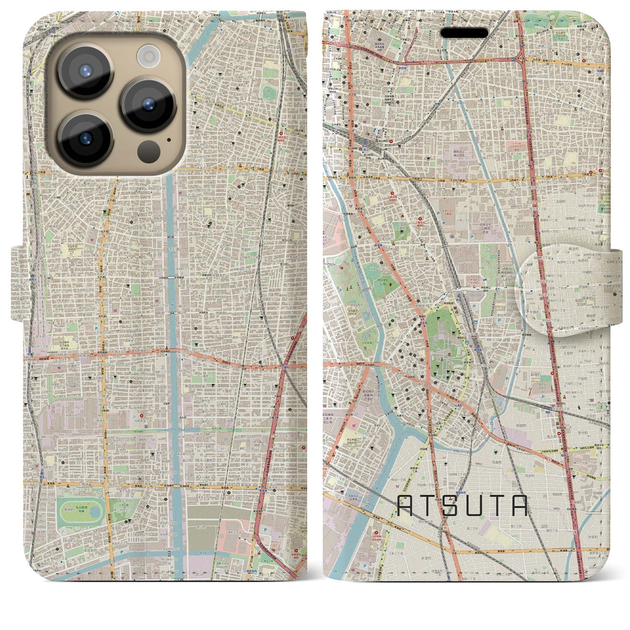 【熱田】地図柄iPhoneケース（手帳両面タイプ・ナチュラル）iPhone 14 Pro Max 用