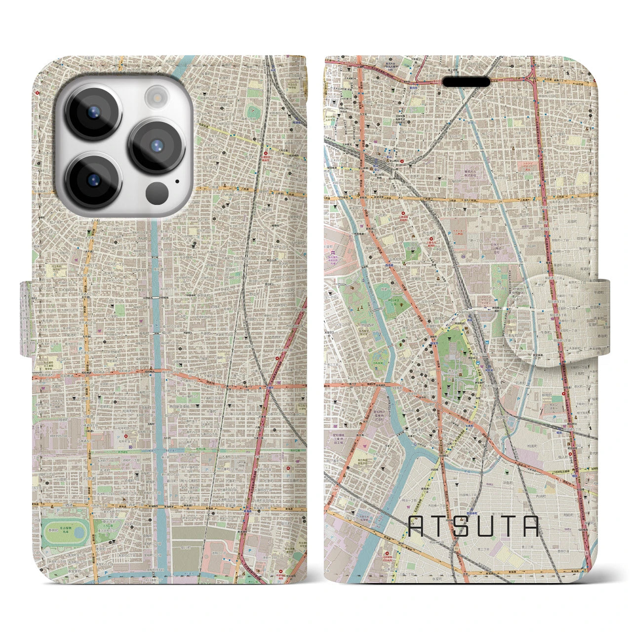 【熱田】地図柄iPhoneケース（手帳両面タイプ・ナチュラル）iPhone 14 Pro 用