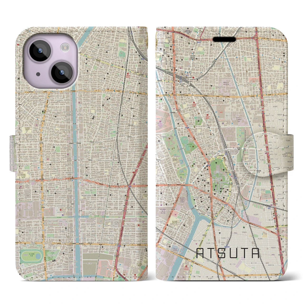 【熱田】地図柄iPhoneケース（手帳両面タイプ・ナチュラル）iPhone 14 用