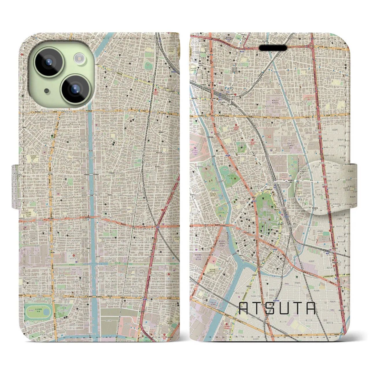 【熱田】地図柄iPhoneケース（手帳両面タイプ・ナチュラル）iPhone 15 用