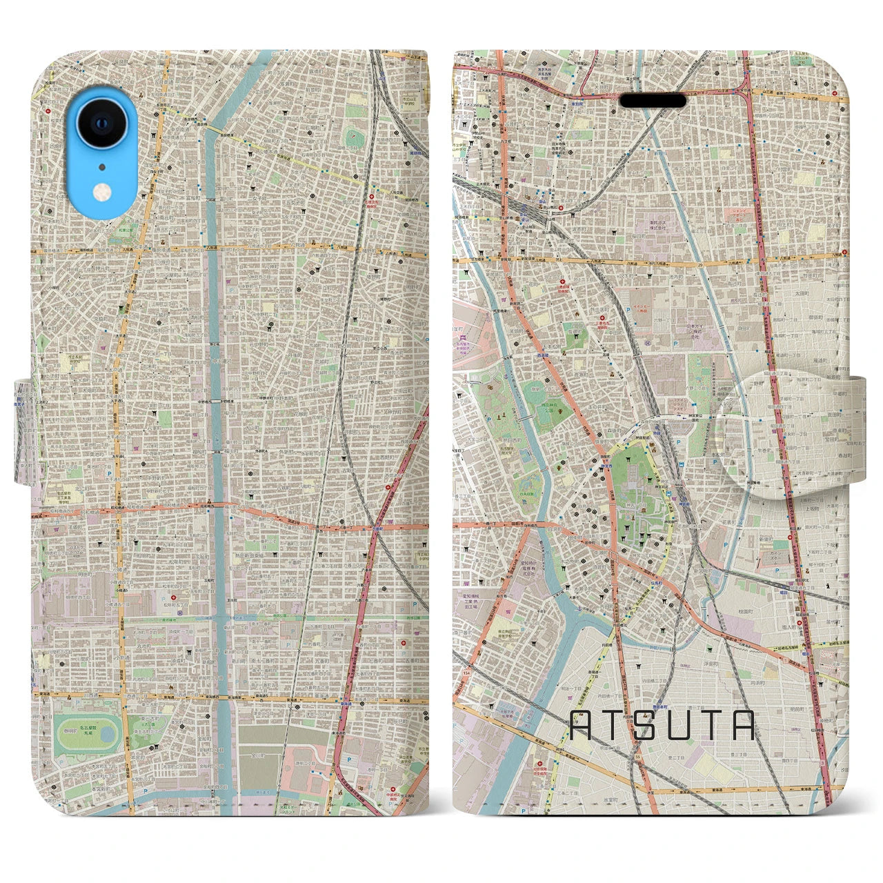 【熱田】地図柄iPhoneケース（手帳両面タイプ・ナチュラル）iPhone XR 用
