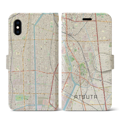 【熱田（愛知県）】地図柄iPhoneケース（手帳タイプ）ナチュラル・iPhone XS / X 用