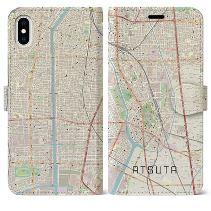 【熱田（愛知県）】地図柄iPhoneケース（手帳タイプ）ナチュラル・iPhone XS Max 用