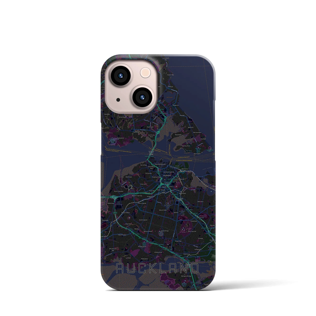 【オークランド】地図柄iPhoneケース（バックカバータイプ・ブラック）iPhone 13 mini 用