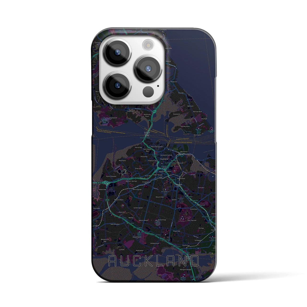 【オークランド】地図柄iPhoneケース（バックカバータイプ・ブラック）iPhone 14 Pro 用