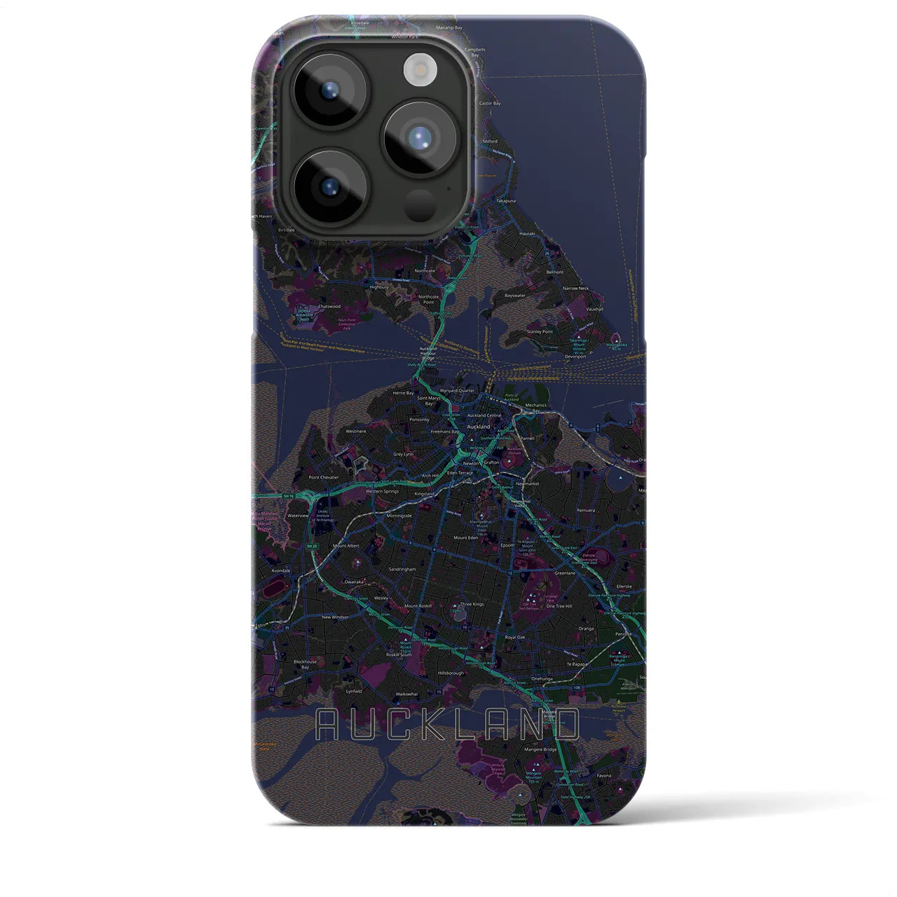 【オークランド】地図柄iPhoneケース（バックカバータイプ・ブラック）iPhone 15 Pro Max 用
