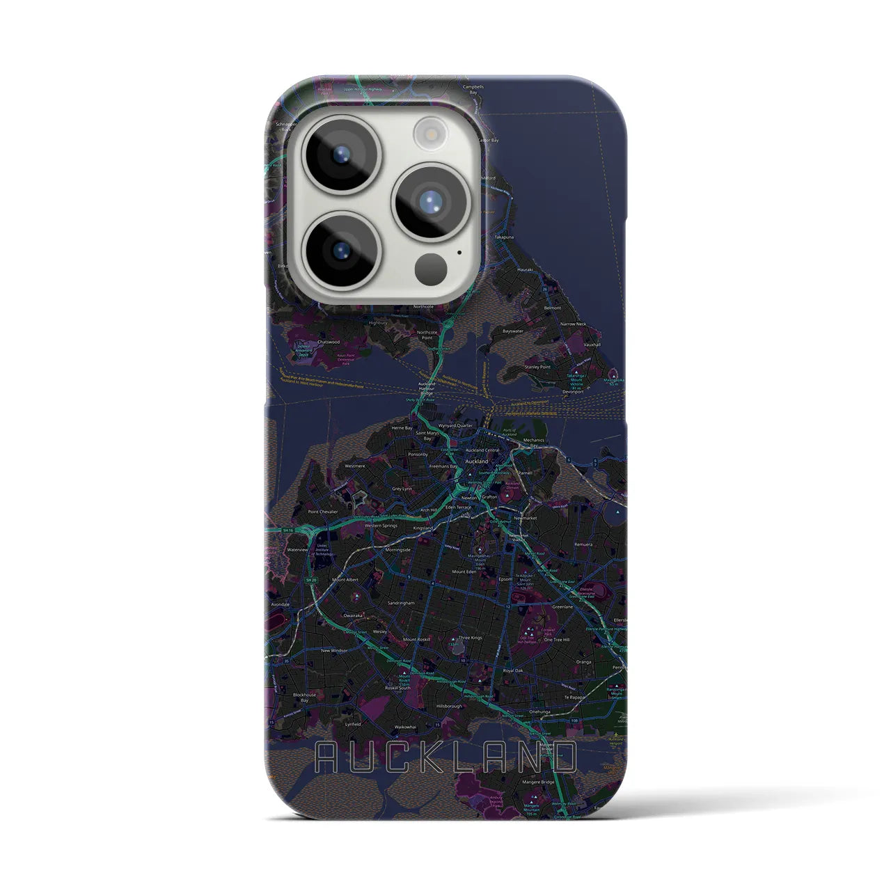 【オークランド】地図柄iPhoneケース（バックカバータイプ・ブラック）iPhone 15 Pro 用