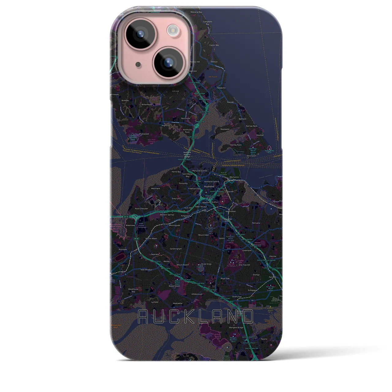 【オークランド】地図柄iPhoneケース（バックカバータイプ・ブラック）iPhone 15 Plus 用