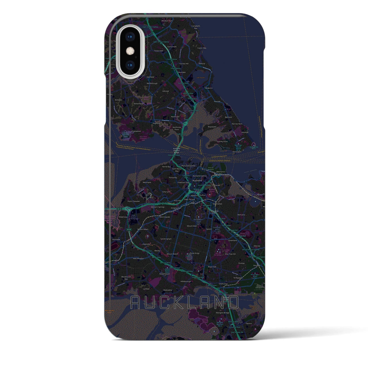 【オークランド】地図柄iPhoneケース（バックカバータイプ・ブラック）iPhone XS Max 用