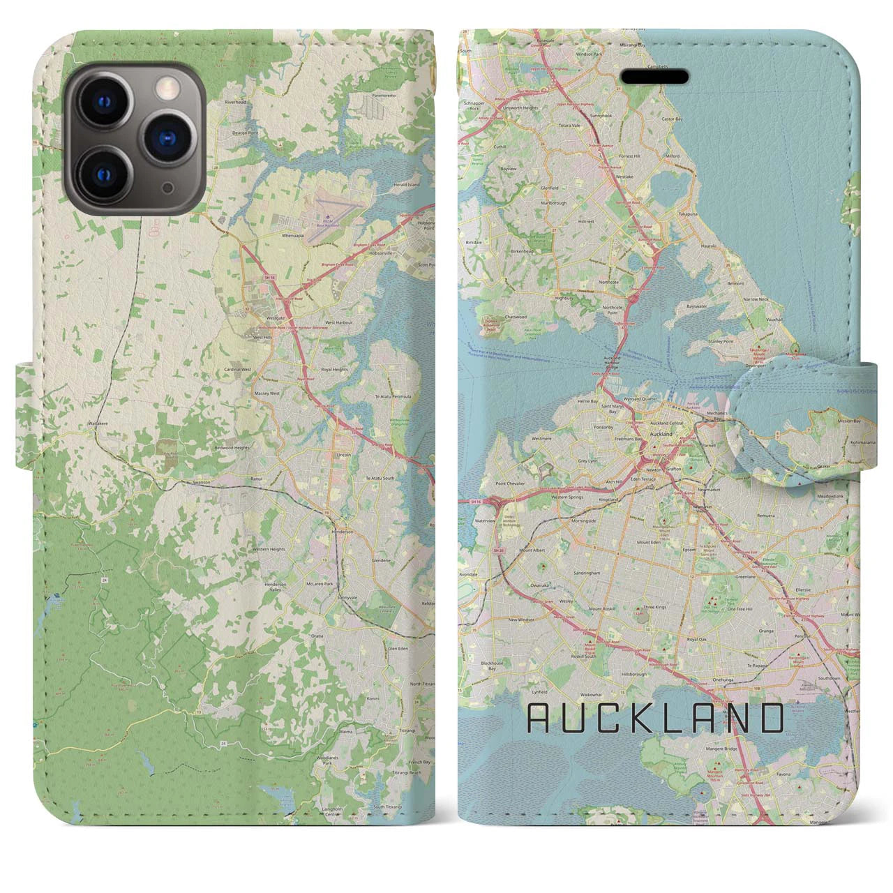 【オークランド】地図柄iPhoneケース（手帳両面タイプ・ナチュラル）iPhone 11 Pro Max 用