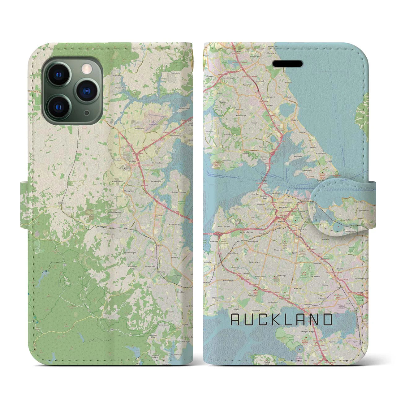 【オークランド】地図柄iPhoneケース（手帳両面タイプ・ナチュラル）iPhone 11 Pro 用