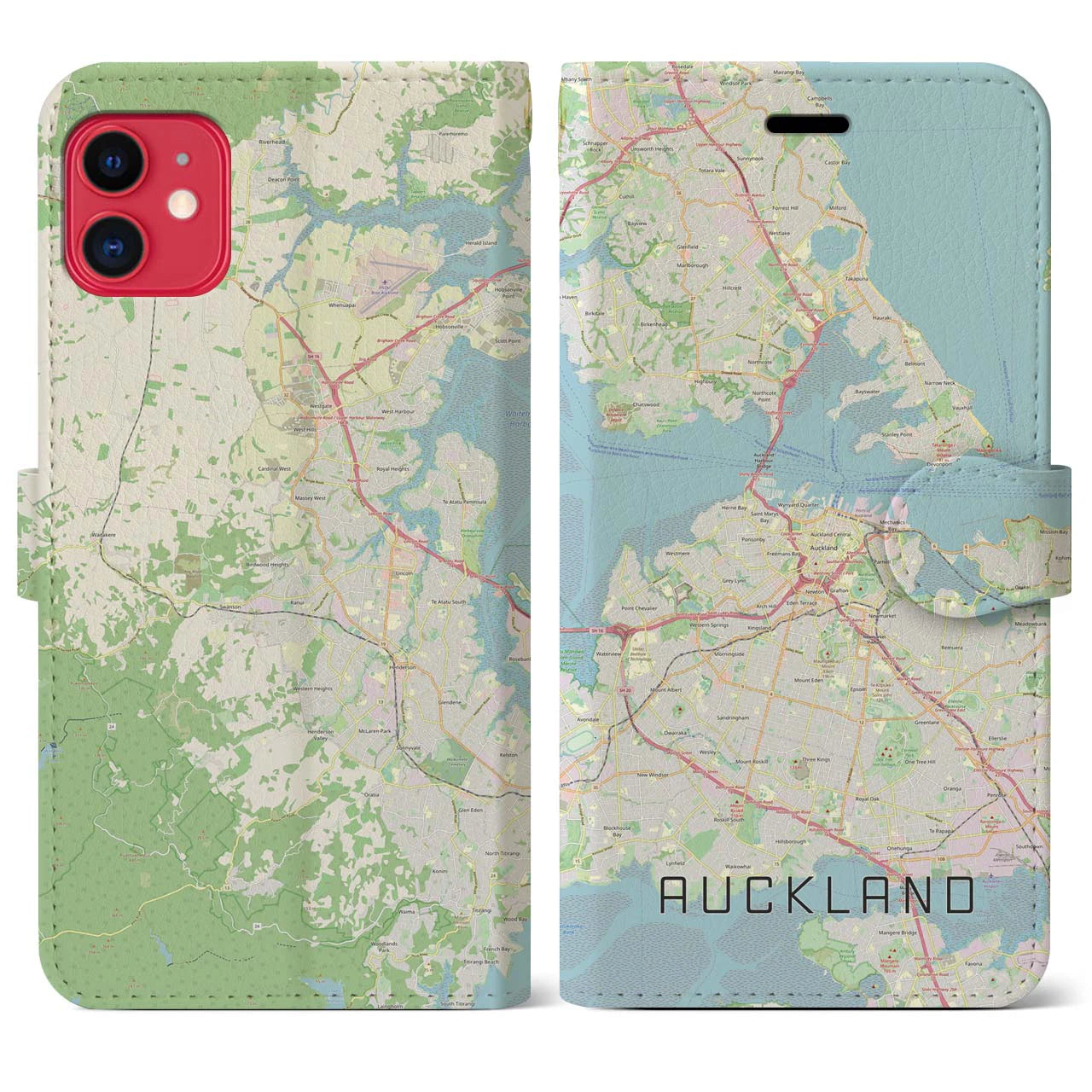 【オークランド】地図柄iPhoneケース（手帳両面タイプ・ナチュラル）iPhone 11 用