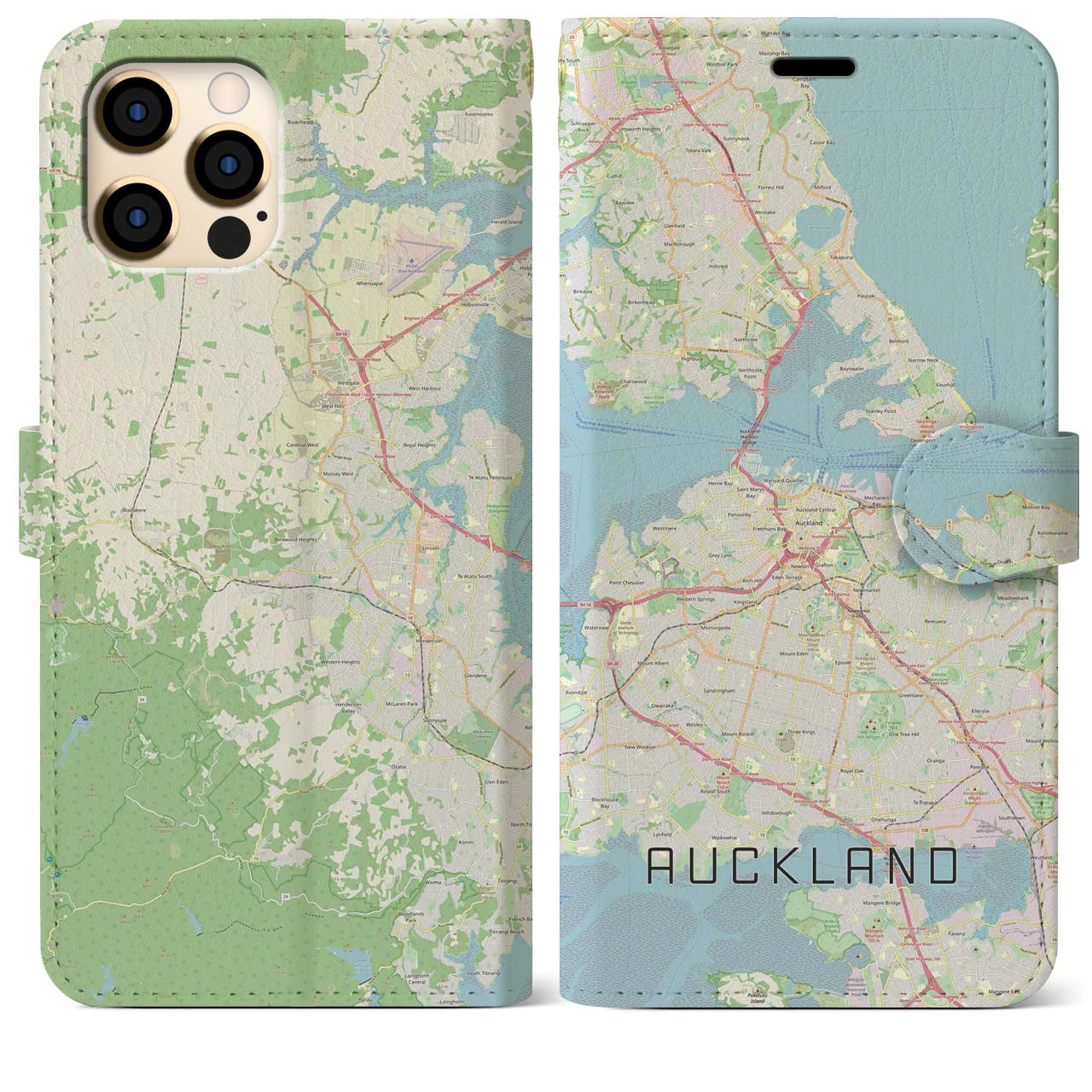 【オークランド】地図柄iPhoneケース（手帳両面タイプ・ナチュラル）iPhone 12 Pro Max 用