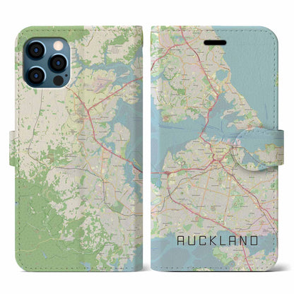 【オークランド（ニュージーランド）】地図柄iPhoneケース（手帳タイプ）ナチュラル・iPhone 12 / 12 Pro 用