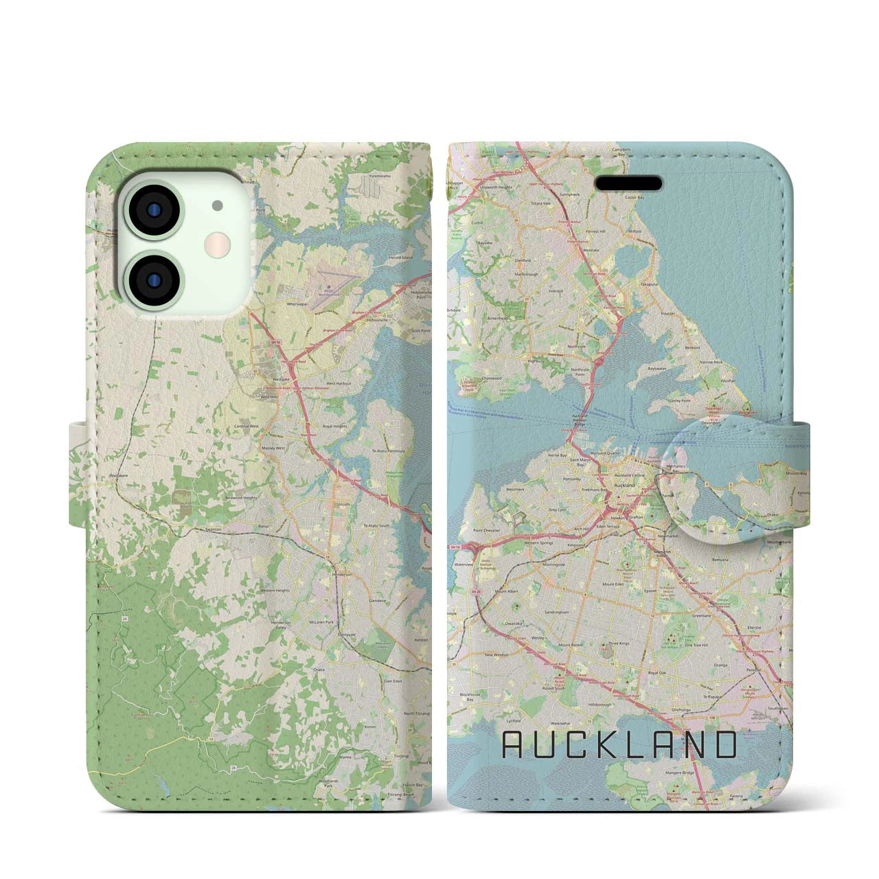 【オークランド】地図柄iPhoneケース（手帳両面タイプ・ナチュラル）iPhone 12 mini 用