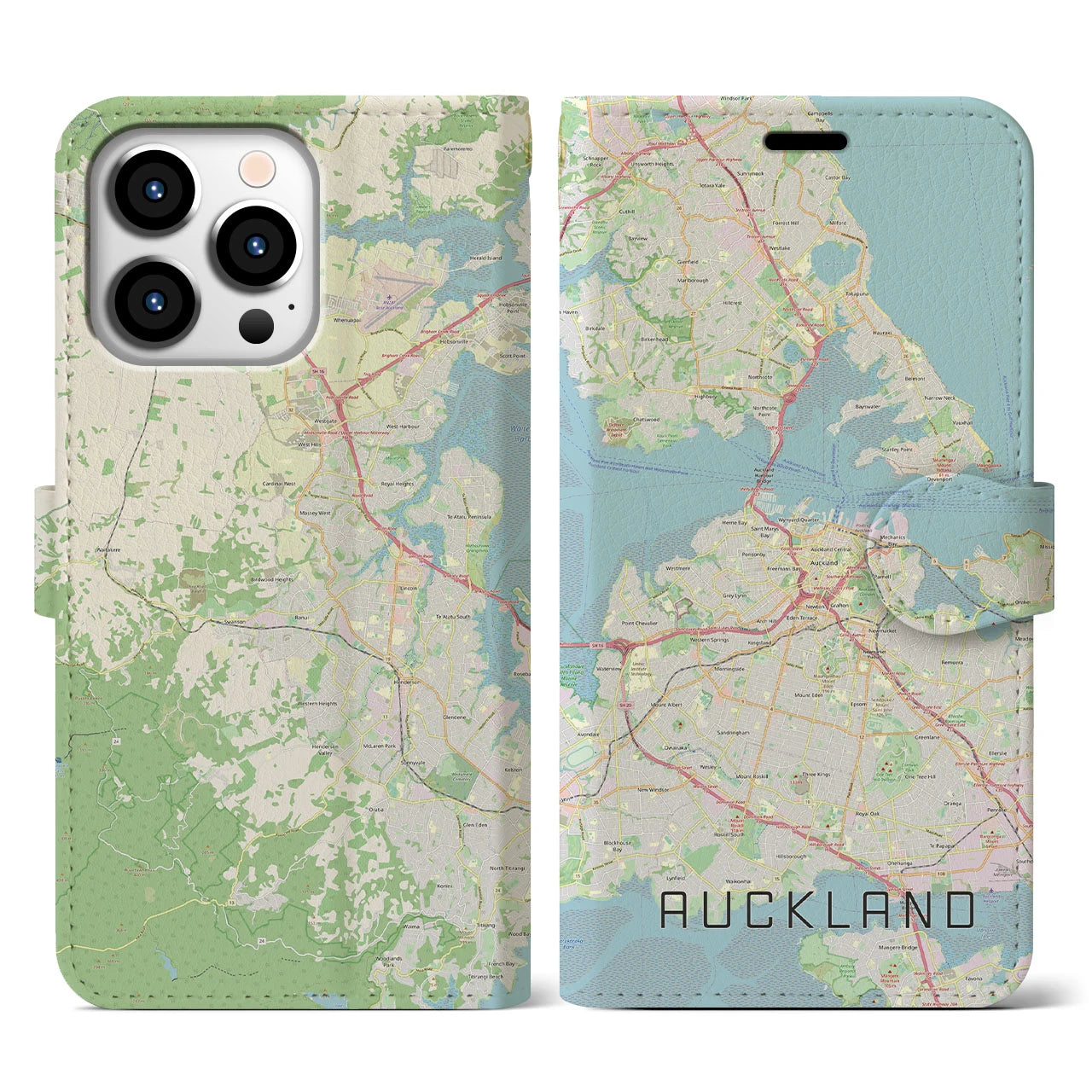 【オークランド】地図柄iPhoneケース（手帳両面タイプ・ナチュラル）iPhone 13 Pro 用