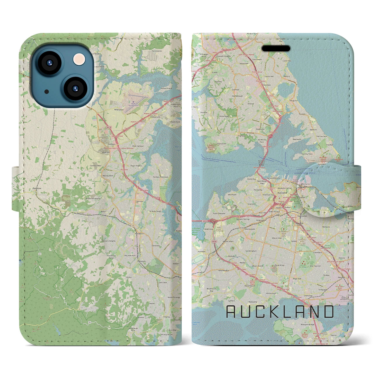 【オークランド】地図柄iPhoneケース（手帳両面タイプ・ナチュラル）iPhone 13 用