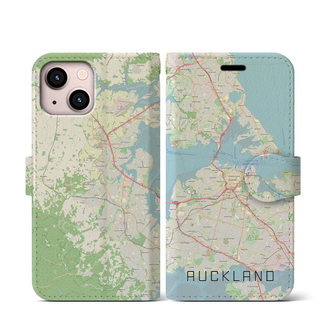 【オークランド】地図柄iPhoneケース（手帳両面タイプ・ナチュラル）iPhone 13 mini 用