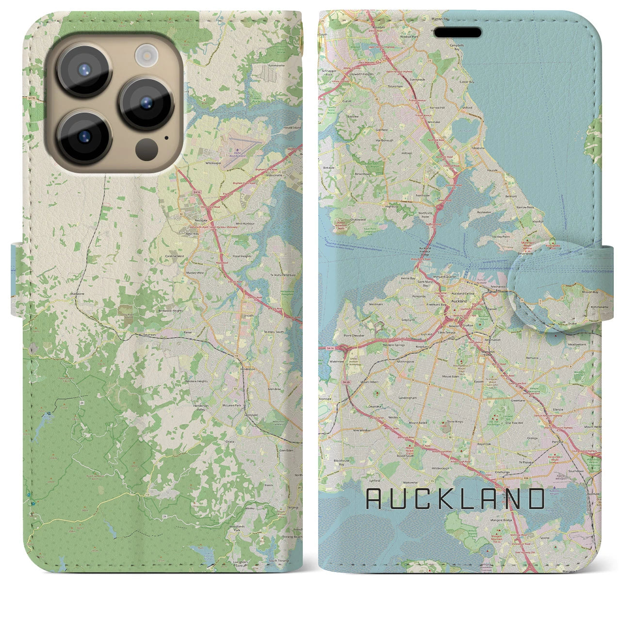 【オークランド】地図柄iPhoneケース（手帳両面タイプ・ナチュラル）iPhone 14 Pro Max 用