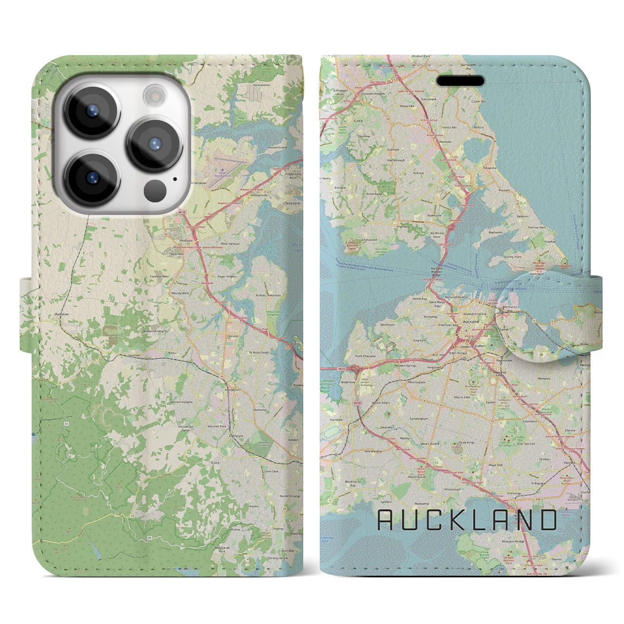 【オークランド】地図柄iPhoneケース（手帳両面タイプ・ナチュラル）iPhone 14 Pro 用
