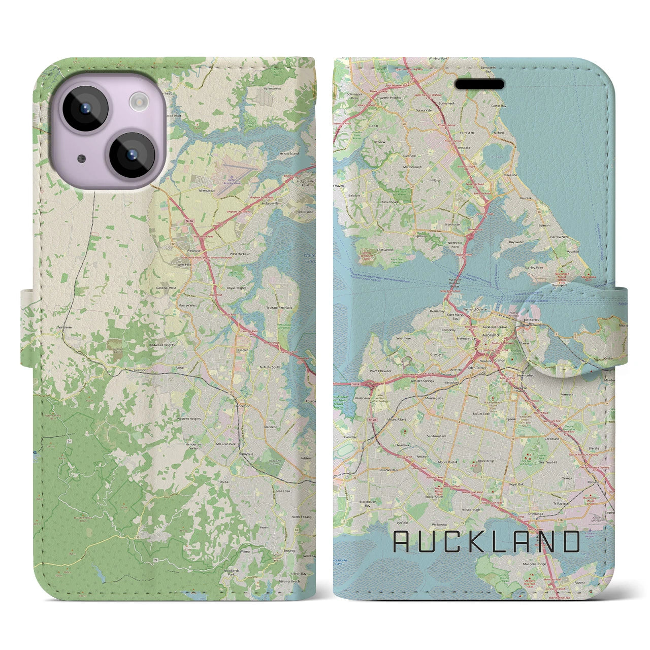 【オークランド】地図柄iPhoneケース（手帳両面タイプ・ナチュラル）iPhone 14 用