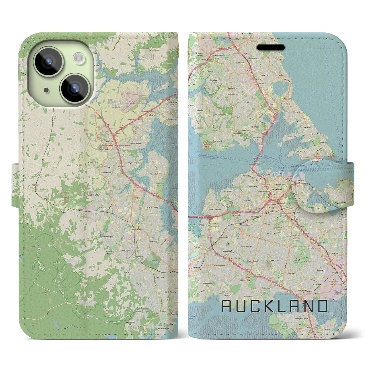 【オークランド】地図柄iPhoneケース（手帳両面タイプ・ナチュラル）iPhone 15 用