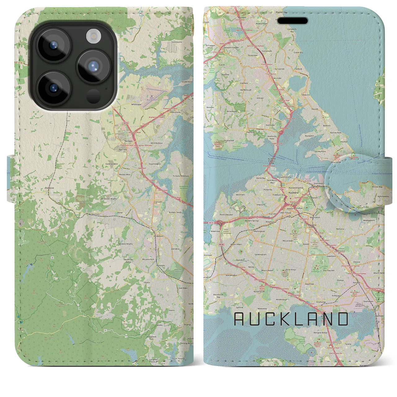 【オークランド】地図柄iPhoneケース（手帳両面タイプ・ナチュラル）iPhone 15 Pro Max 用