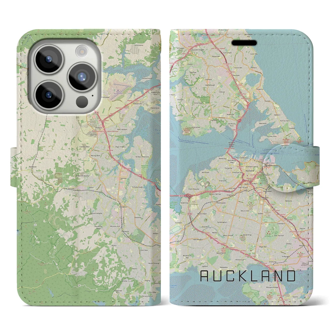 【オークランド】地図柄iPhoneケース（手帳両面タイプ・ナチュラル）iPhone 15 Pro 用